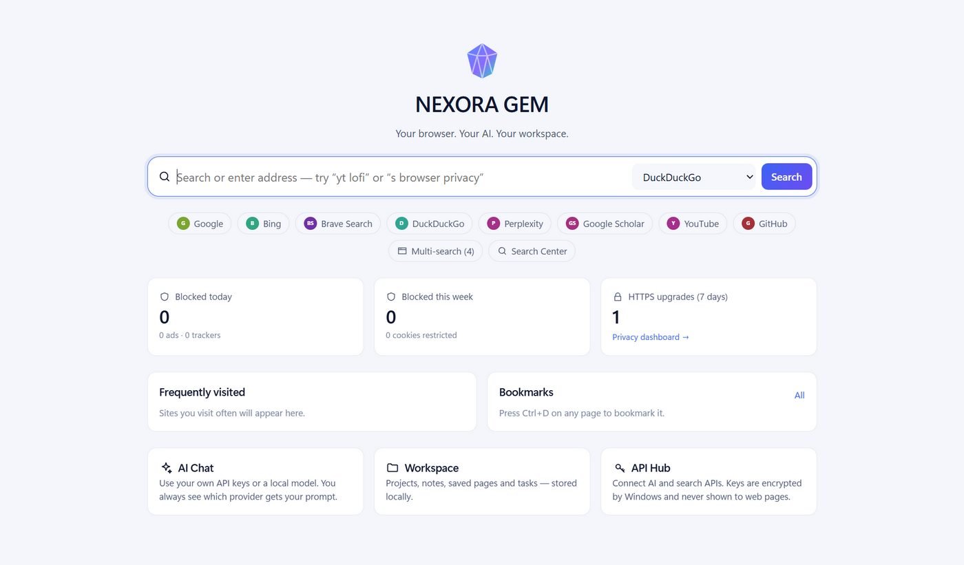 The NEXORA GEM new tab page, with a search box, quick links to search engines, and blocked-ads counters