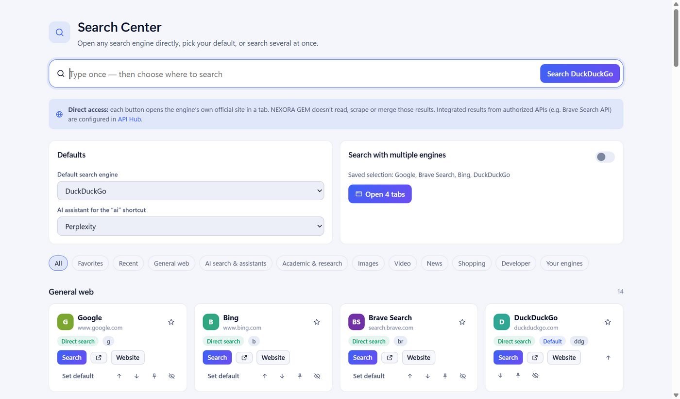 Search Center with engine cards and multi-engine search
